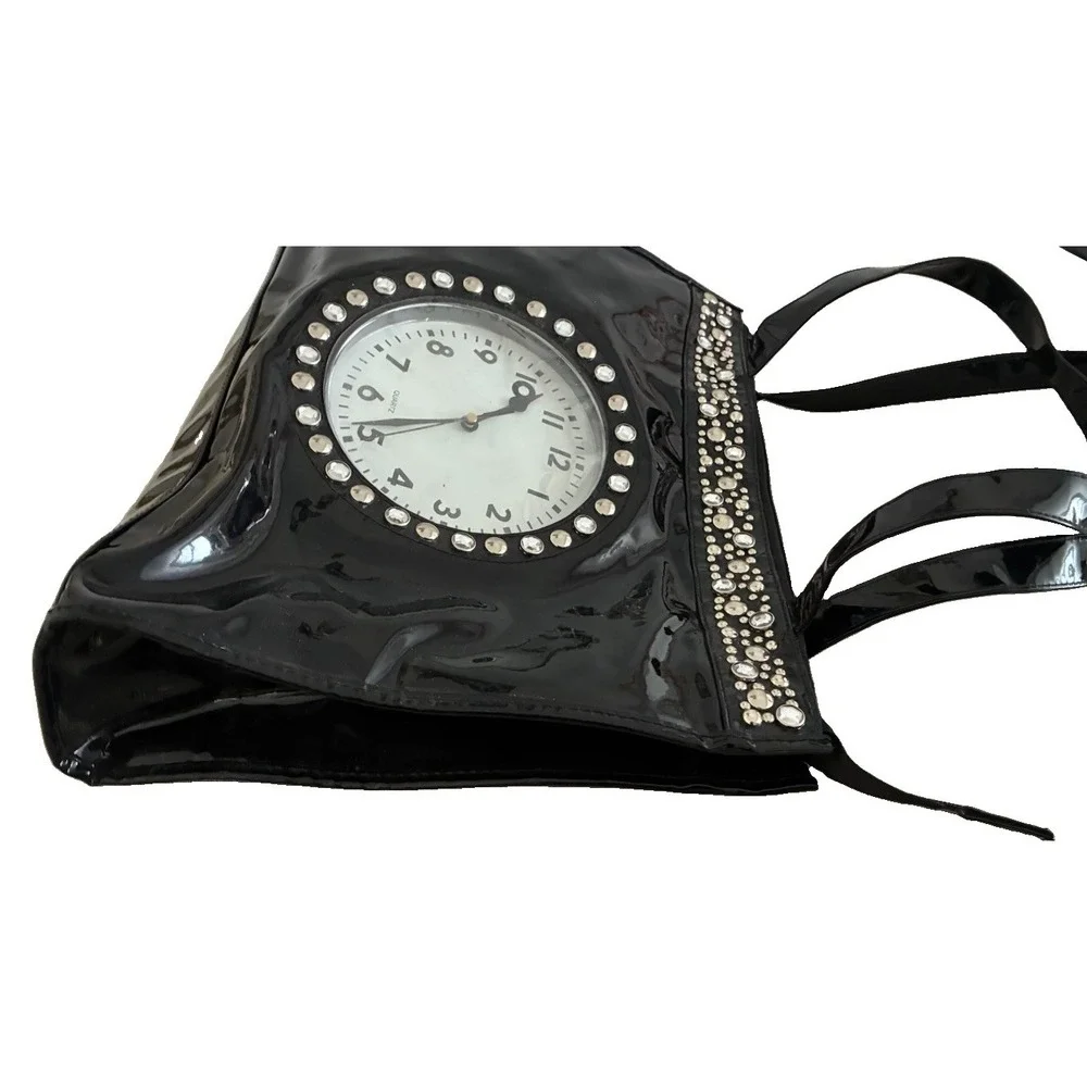 Vintage Far Nine Clock Purse Black Faux Patent Leather Rhinestones Works Y2K